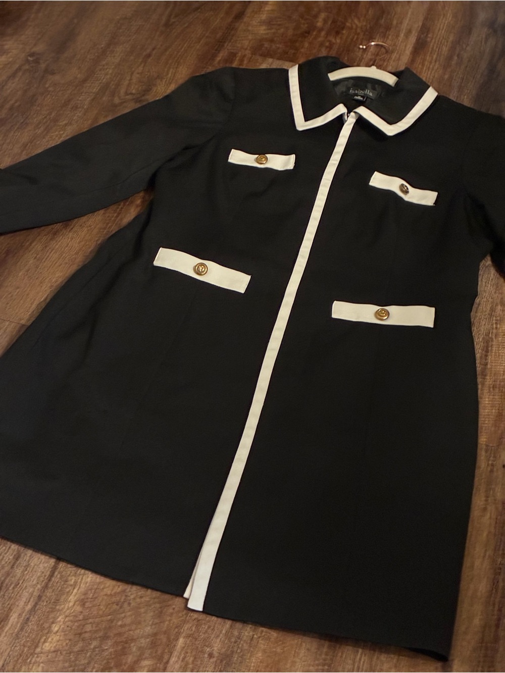 Abella Vintage Black Career Long-Sleeve Coat with White Trim and Gold Buttons